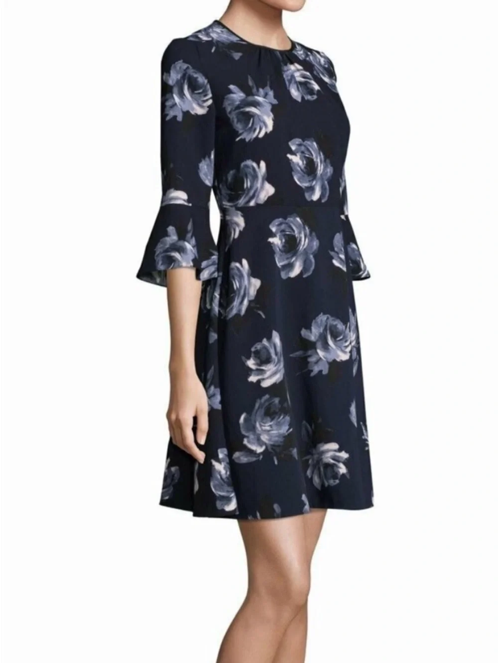 Kate Spade Night Rose Floral Crepe Dress Size 6 Blue Bell Sleeve Midi